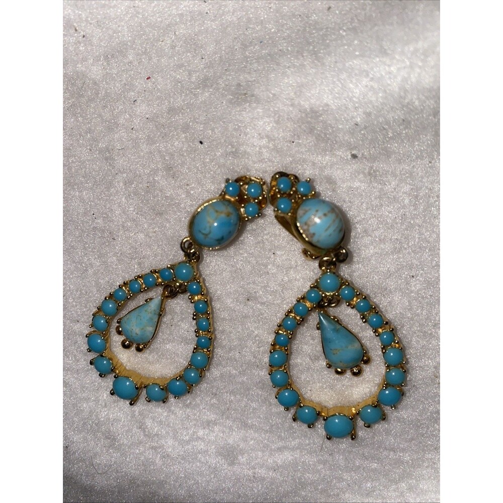 Vintage Beautiful Fashion Vintage Large Turquoise Dangle Clip Earrings Circle - Picture 3 of 5